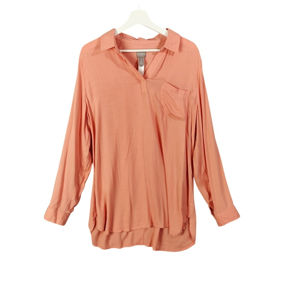 Chicos Womens Coastal Classic Relaxed Top 2 L Peach Back Button Roll Tab Blouse